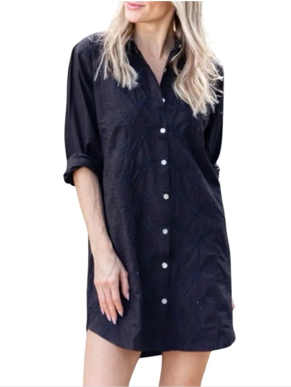 Julia Amory Swizzle Black Embroidered Floral Button‎ Front Tunic Shirt Dress M